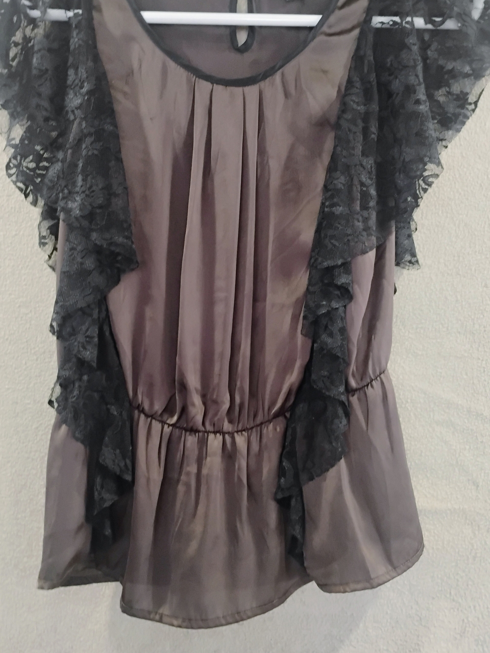 2/$15 Women's Ruffle Lace Sleeve Satin Top - Black
